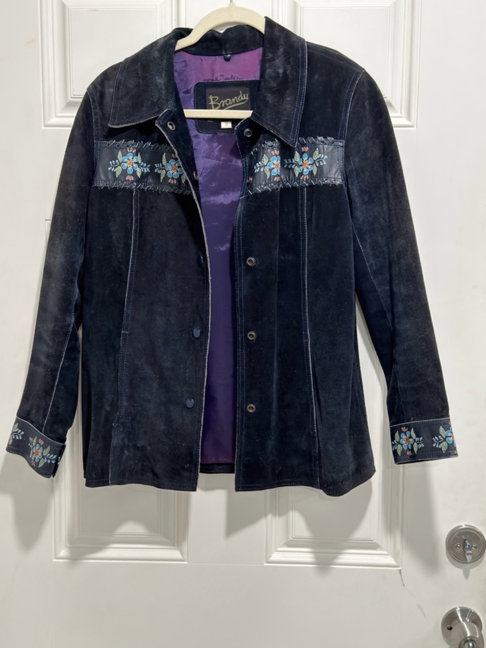 Vintage Brandy Melville Navy Suede Floral-Embroidered Jacket